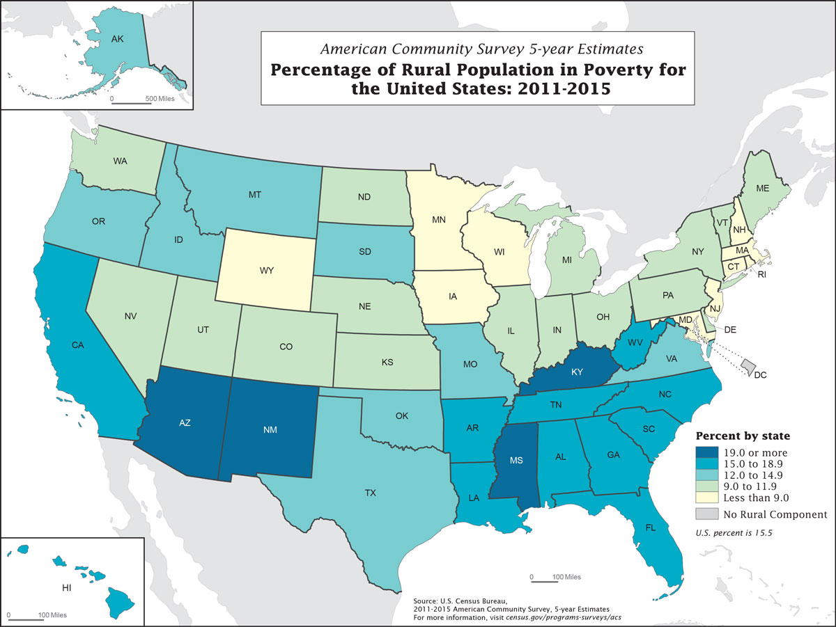 Percentage of Rural Population in Poverty for the United States: 2011-2015
